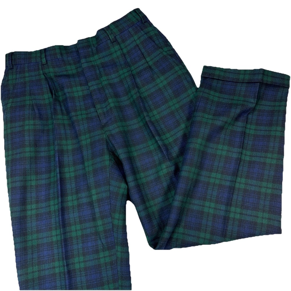 Vtg Jos A Bank Mens 32x28 Green Blue Plaid 100% Wool Dress Pleat Pants USA Made
